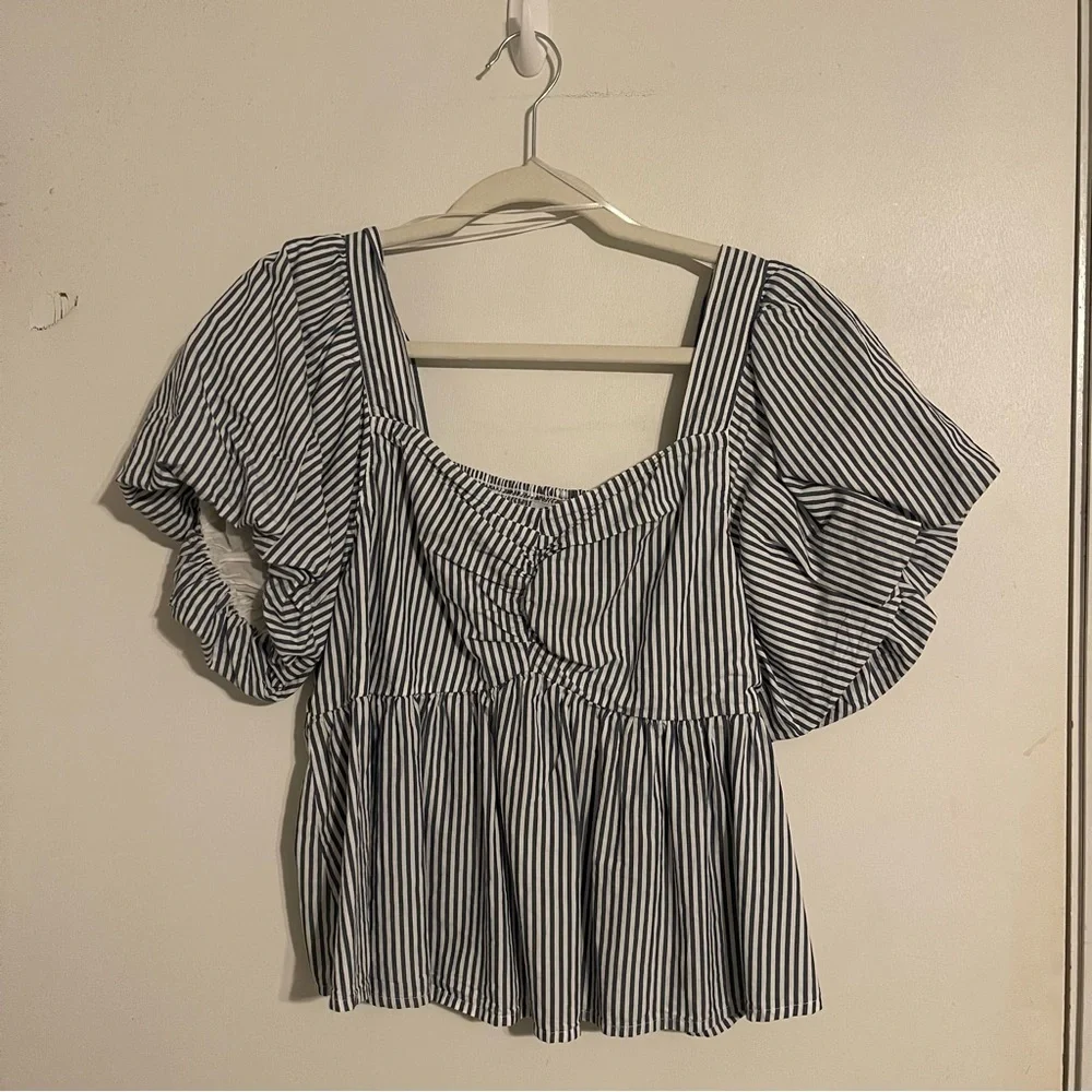 Old Navy | Striped Blue and White Smocked Babydoll Swing Top | Women L